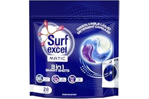 Surf Excel Matic 3 in 1 Smartshots - 28 units of dissolvable detergent capsules with Superior Stain Removal, Fabric Care and 