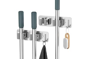 HOMEASY Porta Scope Parete 2 Pezzi, Portascope da Muro in Acciaio Inox, Porta Attrezzi da Parete con Gancio, Autoadesivo Senza Foratura per Cucina, Bagno, Giardino, Balcone（Argento）