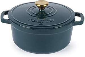 Salter Chester 20 cm Cast Iron Casserole Pot – Self-Basting Lid, Dutch Oven/Stock Pot, Hob to Table Cooking, Suitable for All Hob Types Including Induction, 2L Capacity, PFAS-Free, Green