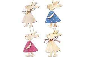XULIN 4 Pcs Easter Wooden Bunny Hanging Ornaments - Rabbit Shape DIY Craft Accessory, Decorations Gift Wood Slices for Party Supplies, Home, Garden, Tree