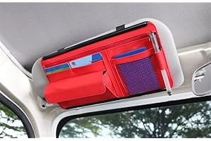 QIRC Qric Sonnenblende Organizer, Leder Aufbewahrungstasche für Karten, Lizenz, Registrierung, Stift, Brillen, Dokumente - Passend für die Meisten Auto, SUV, LKW - Auto Zubehör (Rot)