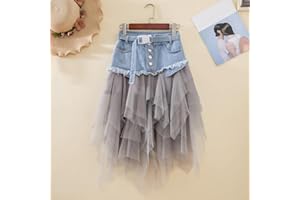 Zouyuan Asymmetrische Denim Jeans Tüll Röcke Damen Hohe Taille Lange Mesh Plissee Midi Gothic Rock mit Taschen Gürtel