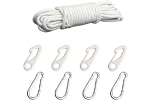 GVSAVY 20m Flagpole Rope with 4 Flag Hooks and Carabiner, Nylon Rope, Garden Rope, Braided Clothesline, Wear-Resistant Tent Rope, Suitable for Camping, Cargo Binding (White)