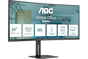 AOC CU34V5CW - Monitor curvo WQHD da 34 pollici, webcam da 2 MP, altoparlante, altezza regolabile 3440 x 1440, 100 Hz, HDMI, DisplayPort, USB-C, hub USB Nero, Regolazione altezza - Webcam