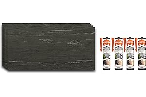 IZODEKOR SPC Panneau mural aspect béton & aspect pierre naturelle gris foncé 60 x 120 cm 4 pièces + 4 adhésifs imperméable protection anti-éclaboussures résistant à la chaleur revêtement mural en PVC