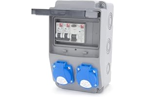 ELS Elektrotechnika Steckdosenverteiler Baustromverteiler Wandverteiler Schuko 2x230V + Sicherungen Leitungsschutzschalter 2x LS C16 +FI40 Verdrahtet und Anschlußfertig für Innen- und Außenräume, IP54