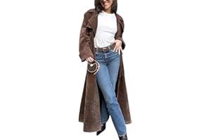 CupitiDU Suede Trench Coat Women Long Trench Coats,2024 Fall Winter Long Pea Coat Faux Leather Double Breasted Jackets,Vintage Belted Maxi Outwear With Belt,Thick Warm Jacket Outerwear
