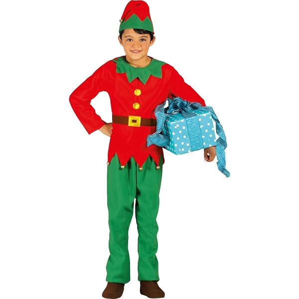 Costume Lutin De Noël Enfant 4 Pièces - Robe, Ceinture, Bonnet, Chaussettes, Tailles 2-15 Ans, Vert/rouge