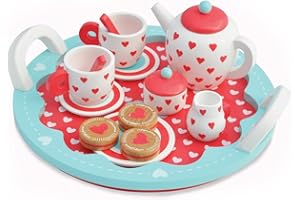 Indigo Jamm Wooden Tea Set, Pretend Play Tea Party Tray with 10 Tea Set Pieces and 3 Wooden Biscuits – Hearts