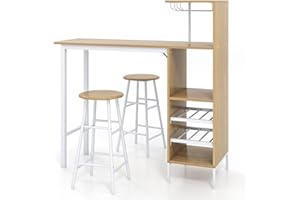 GiantexUK 3PCS Bar Table Set, Industrial Counter Height Dining Table and 2 Stools with Open Shelves, Cup Holder and Wine Rack, Kitchen Breakfast Table Furniture for Home Dining Room Pub (Natural)