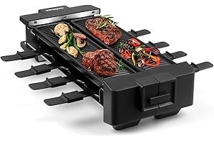 ‎CUSIMAX CUSIMAX Raclette Grill, Drehbarer Raclette mit 2 Separaten Grillplatten, 1400W Raclette für 8 Personen, 180° Drehbarer Elektrischer Tischgrill, 8 Pfännchen und 8 Holzspatel