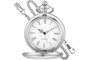 TIONG 37 cm Kette Silber glatt Stahl Quarz Taschenuhr Vintage römische Zahl Anhänger Uhr Geschenke Uhr
