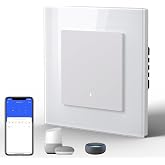 BSEED Smart WIFI Switch with Glass, Rocker with LED Lights, Neutral Cable Required, E-Series, 1 Gang 1 Way, 86 mm White
