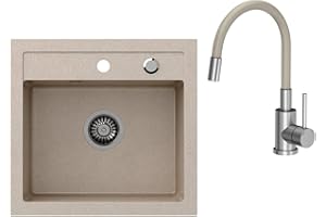 VBChome Fregadero con grifo, 50 x 47 cm, de granito, color beige, para empotrar, para cocina, empotrable, con sifón