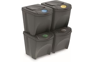 PROSPERPLAST Set de 4 cubos de basura KEDEN SORTIBOX papelera reciclaje, gris, volumen 4x25L