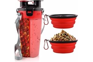 MATT SAGA Portable Pet Water Bottle and Food Container for Travel 2-in-1 Dual Chamber Bottle with 2 Collapsible Bowls Dogs Cats Feeder Water Food Bottle Outdoor Travel(Red)