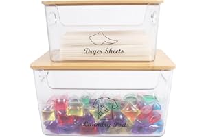 Xbopetda Washing Powder Storage with Dryer Sheet Holder for Laundry Room Organisation Storage, Laundry Pods Storage Container Dispenser, Dryer Sheet Box Bin wih Wooden Lid, Laundry Room Decor - Clear