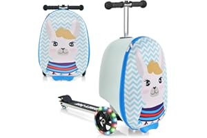GOPLUS 2 in 1 Kinderkoffer mit Roller, 26 Zoll Reisegepäck mit Eva-Gehäuse & blinkenden LED-Rädern, Klappbarer Scooter mit einziehbarem Lenker für Kinder ab 5 Jahre alt (Alpaka)