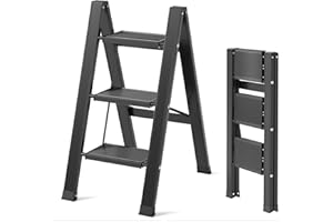 KULACO Escalera plegable de 3 peldaños, 3 peldaños, de aluminio, portátil, antideslizante, hasta 150 kg, plegable, multifunción, para cocina, baño, camping, color negro