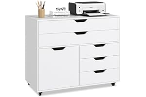 COSTWAY Mobile File Cabinet, 5 Drawers Lateral Stationery Storage Organiser Chest with Wheels and Door, Home Office Printer Stand Side Filing Cupboard (White, 77 x 40 x 64cm)