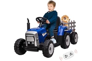 BALOVEBY Trattore elettrico alimentato a batteria 12 V per bambini con rimorchio, auto per bambini con telecomando, fari a 7 LED, lettore MP3 (blu, 25 W/pneumatico per battistrada)