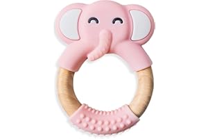 ISHOP ONLINE LIMITED iShop Pink Teething Toy for Baby – Cute Elephant Teether – Soft Silicone Baby Teether for 3+ Months Old – Silicone and Wooden Teether for Girls and Boys – Safe Lightweight Design - Trusted UK Brand
