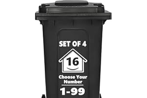RUBIGO 4 x Bin Numbers for Wheelie Bins, 1-99, 15cm ‘Happy House’ Design Dustbin Stickers, Easy Application Stick On Number Stickers - Weatherproof Self Adhesive Vinyl, Black (16)