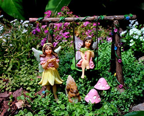 Pretmanns, set di fate da giardino con altalena e accessori in miniatura, replica dei personaggi Avie e Stella