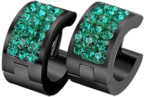 PAURO Mens Stainless Steel Black Huggie Hoop Earrings Black CZ Inlaid Ear Studs