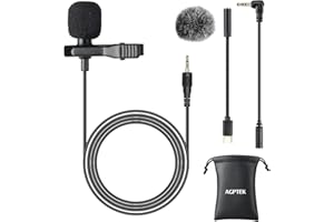 AGPTEK Mikrofon Lavalier, 2 m mini mikrofon wielokierunkowy z 2 przejściówkami i adapterem typu C, osłoną przeciwwiatrową do wywiadów, konferencji wideo, podcastów, dyktowania itd.