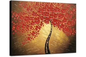 Wieco Art - Red Flowers Modern Stretched and Framed Floral 100% Hand Painted Oil Paintings Artwork on Canvas Wall Art Ready to Hang for Living Room Bedroom Home Decorations