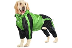 OUOBOB Manteau de pluie pour chien – Veste imperméable et légère pour grands chiens – Poncho réglable à 4 pattes avec capuche – Gilet résistant à la neige avec trou pour laisse