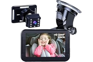 Kipiea 1080P 5 HD'' Baby Car mirror Camera, Night Vision Baby Car Seat Mirror, 360° Baby Car Camera for Back Seat, Adjustable Car Baby Camera with Wide Crystal Clear View, Perfect Night Vision