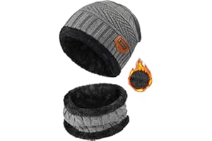 heekpek 2 Pièces Chaud Bonnet Chapeau Écharpe Tricot et Tour de Cou avec Doublure Polaire Ensemble Bonnet Echarpe Homme Femme Bonnet Hiver et Écharpe