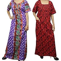 Mogul Interior 2 pc Womens Nightgown Maxi Dress Boho Printed Cotton Night Wear Caftan XL