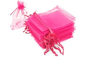Time to Sparkle 50 Pack Organza Gift Bags Wedding Party Favour Jewellery Packing Pouches, Hot Pink, 9x12cm
