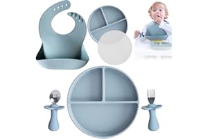 BEFOL Silikon Baby Geschirrset,8 Stück Kindergeschirr Set mit Saugnapf(Teller Lätzchen Löffel Gabeln) BPA Frei Esslernbesteck für Spülmaschine und Mikrowelle(Blau)