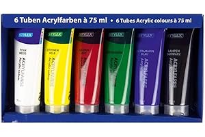 Stylex 28653 - Peintures acryliques en coffret, 6 tubes de 75 ml, à base d'eau, mates, haut pouvoir couvrant et colorant, résistantes à la lumière, séchage rapide et imperméables