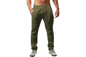 Runcati Męskie lniane spodnie jednokolorowe, długie, lekkie spodnie letnie, luźny krój, spodnie rekreacyjne ze ściągaczem, na urlop, plażę, na co dzień