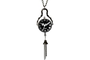 JewelryWe Montre de Poche Chiffre Romain Lentille Concave et Convexe Vintage Quartz Pendentif Collier Alliage Fantaisie pour Homme et Femme Couleur Bronze Noir avec Sac Cadeau