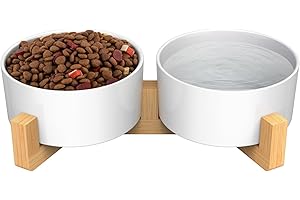 AirCover Keramiknapf mit Erhöhter Bambus Ständer für Hunde und Katzen, als Fressnapf oder Wassernapf nutzbar, Katzen Futternapf, Katzen Napfset, Rutschfesten, Spülmaschinenfest (2X - 400 ml, Weiß)