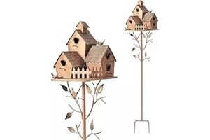 KEEBGYY Bird House Stakes, Metal Bird House with Pole Stakes, Distressed Metal Birdhouse Stand for Outdoor Garden Decor, Outdoor Metal Bird House Stake Birdhouses (E)