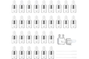 Dondeen 30pcs 1ml Dropper Bottle,Empty Mini Bottles with 3pcs Dropper Pipettes silver Aluminum Alloy Cap,Refillable Small Sample Vials Container for Essential Oils Perfume Cosmetic Liquid (1ml)