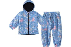LZH Ragazzi Ragazze Impermeabile, Giacca Impermeabile con Cappuccio Cappotto Pantaloni Completi 2 PZ