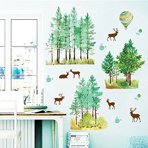 WandSticker4U- XL Wandsticker WALD Natur Grün | Wandbild: 140x100 cm | Wandtattoo Baum Fototapete Aquarell Poster Reh | Deko für Wohnzimmer Schlafzimmer Kinderzimmer Flur Küche