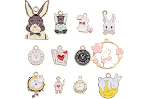 SUNNYCLUE 1 Scatola 24 Pezzi 12 Stili Ciondoli Alice Placcato Oro Coniglio Coniglietto Sveglia Carte da Poker Cartoni Fiabe Ciondoli in Lega di Smalto per La Creazione di Gioielli di Pasqua