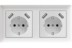 IMABO 230 V Steckdose mit 2 x USB Ladegeräten, Schuko Wandsteckdose Unterputz, passend für Gira System 55, Jung AS 500, Reinweiß glänzend, Alpinweiß, Weiß, TÜV Rheinland zertifiziert (Doppelsteckdose)