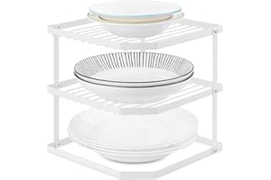QIWODE Stojak na talerze do szafki, 3-poziomowy narożny regał kuchenny, przechowywanie i organizacja, organizer na półki, biały