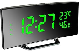 Derkiewn Sveglia Digitale, Grande Schermo a LED da 6.5'', Sveglia da Comodino con temperatura e umidità, Orologio a Specchio con 3 Allarme, luminosità regolabile, Snooze, Alimentato USB(verde)