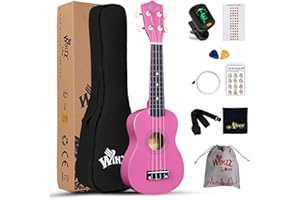 Winzz ukulele sopranowe, zestaw startowy dla początkujących, torba, strojenie na klips, dodatkowe struny, pasek, kostka, naklejki na progi, karta akordów, ściereczka do polerowania, różowe